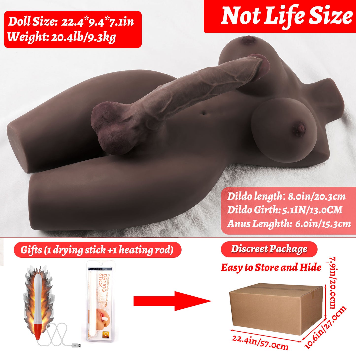 Brown Shemale Sex Doll Torso, Lifelike Sex Doll for Gay Men Women, Realistic Sex Toy for Gay Sex Doll with Realistic Dildo Breasts and Anal, Gay Sex Dolls Ladyboy Sex Toys Dildo Unisex Masturbator 20lb